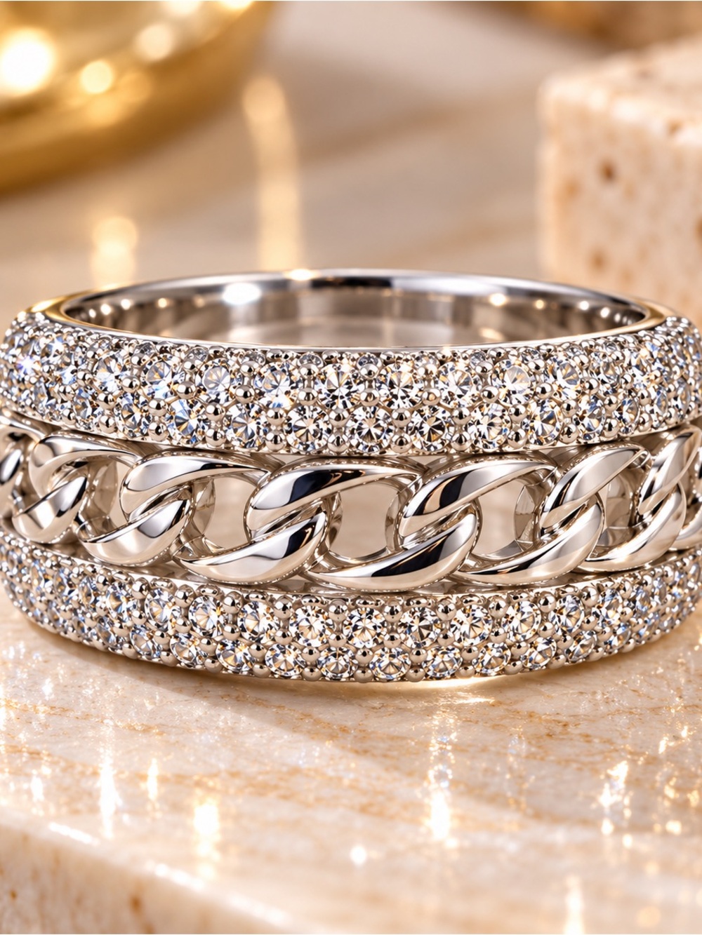 18K Gold Filled Silver Cuban Link CZ Pave Wide Band Men’s Women’s Ring. Size 9